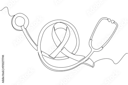 Single continuous line drawing stethoscope with coiled cable and in the middle is a blue campaign ribbon. Care about preventing. National Tuberous Sclerosis Day. One line design vector illustration