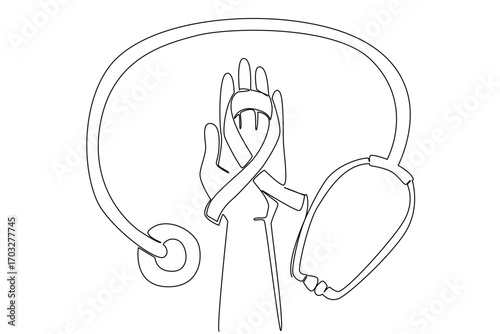 Continuous one line drawing stethoscope wrapped around hand with blue band on palm. Doctors advise to increase awareness. National Tuberous Sclerosis Day. Single line draw design vector illustration
