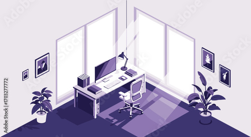 Modern isometric home office setup with natural light and green plants creating a productive work environment