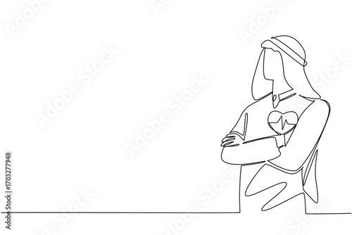 Single continuous line drawing Arab man wearing turban crosses his arms in front of his chest. Work life balance. Healthy. National Employee Health and Fitness Day. One line design vector illustration