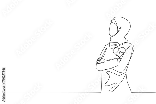 Continuous one line drawing Arab woman wearing hijab crosses arms in front of her chest. Work and health balance. National Employee Health and Fitness Day. Single line draw design vector illustration