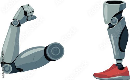 Robotic Arm Flexing Bicep Next to Prosthetic Leg with Red Sneaker Keywords: robot arm, robotic, artificial limb, prosthetic leg