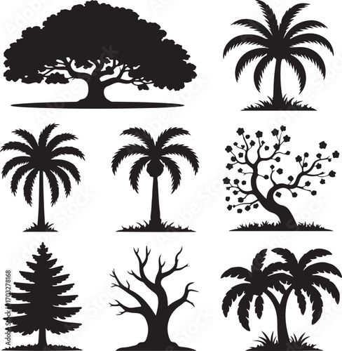 Collection of nine black tree silhouettes on a white background nature plant