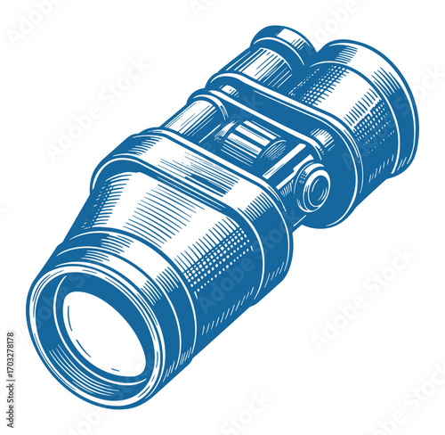Detailed blue engraved illustration of a binoculars for observation and exploration.