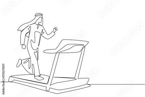 Continuous one line drawing turbaned arab man running on treadmill with heart impulse. Maintain health. Sport. National Employee Health and Fitness Day. Single line draw design vector illustration