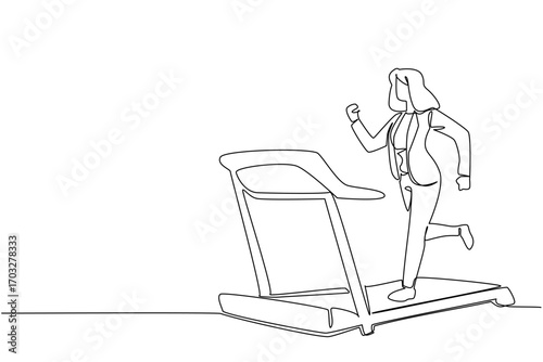 Single continuous line drawing woman in blazer running on treadmill with heart impulse. Exercise before busy working. National Employee Health and Fitness Day. One line design vector illustration