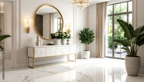 Modern interior with marble floor and console table, round mirror, plants, and large window creating bright space