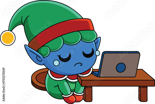 Funny cartoon blue elf sleeping at work table with drool and laptop at christmas vector