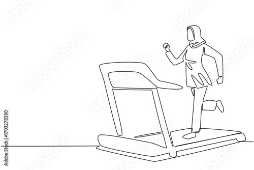 Single one line drawing Arab woman in hijab running on treadmill with heart impulse. Busy. Exercise. Stay healthy. National Employee Health and Fitness Day. Continuous line design graphic illustration