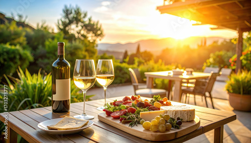 Wine glass white cheese grapes tomato outdoor sunset vineyard table