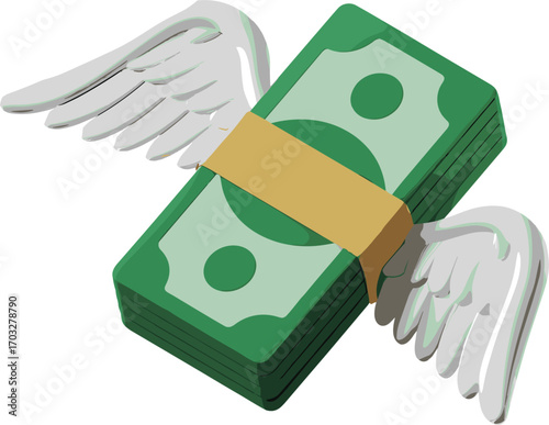 Stack of green banknotes with white feathered wings and a yellow band money cash