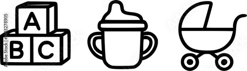Illustration of baby blocks, a sippy cup, and a baby stroller.