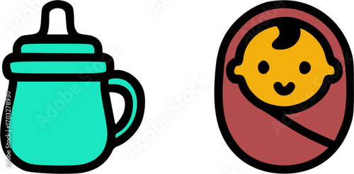A set of colorful baby care icons featuring a turquoise sippy cup and a smiling, swaddled newborn infant.