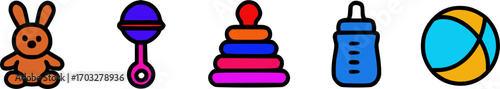 A collection of five colorful baby toys including a teddy bear, a rattle, a stacking ring toy, a baby bottle, and a ball.