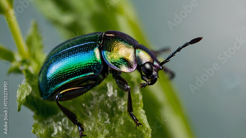 Iridescent Beetle macro photo on green plant stem 
