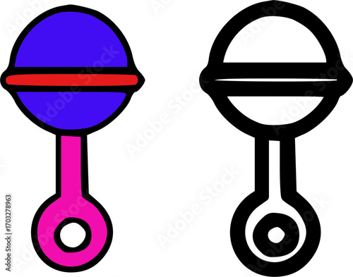 A colorful baby rattle with a pink handle, blue head, and red stripe, and a black and white outline version.