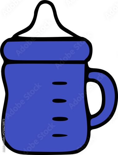 Illustration of a blue baby bottle with a white nipple and handle.