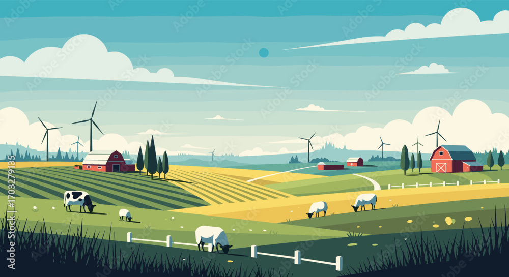 Naklejka premium Idyllic pixel art farm landscape with wind turbines and grazing livestock under a cloudy sky