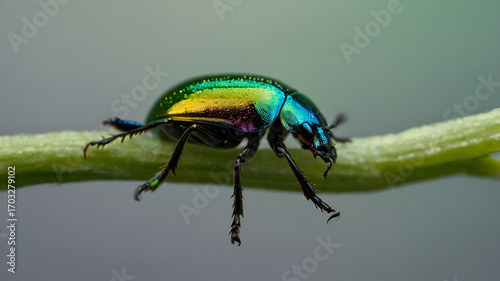 Iridescent Beetle macro photo on green plant stem 
