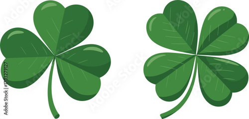 Two Green Clover Leaves One With Three Leaves and One With Four Leaves Keywords: shamrock, four leaf clover, luck, lucky, symbol
