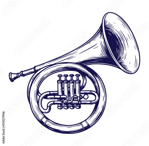 Detailed hand drawn illustration of a french horn musical instrument on white background