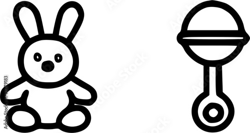 A simple black and white line drawing of a baby bunny toy and a baby rattle.
