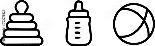A set of three simple line icons representing baby items: a stacking ring toy, a feeding bottle, and a ball.