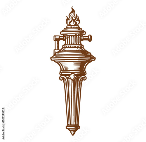 Detailed vintage engraved torch design symbolizing enlightenment and ancient classical history