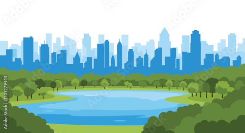 Urban oasis a vibrant cityscape meets lush green park with a serene lake and distant skyline