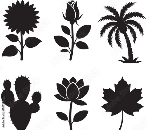 Six black silhouettes of plants including sunflower, rose, palm, cactus, lotus, and maple leaf