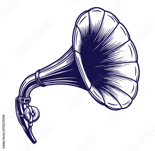 Detailed vintage gramophone illustration on white background with elegant linework and shading