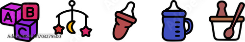 A collection of baby-related icons, including blocks, a mobile, bottles, and food preparation.