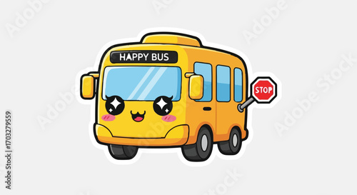 Cartoon Yellow School Bus with a Smiling Face and a Stop Sign for Children