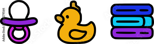 An illustration featuring a pacifier, a rubber duck, and a stack of towels, all with a cartoonish style.