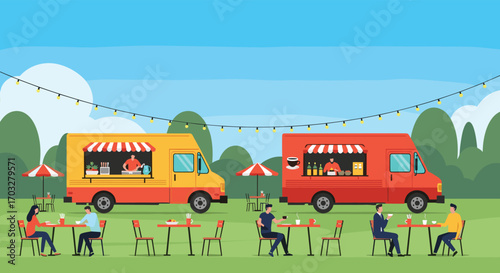 Outdoor food truck festival gathering with people enjoying delicious meals in a park setting