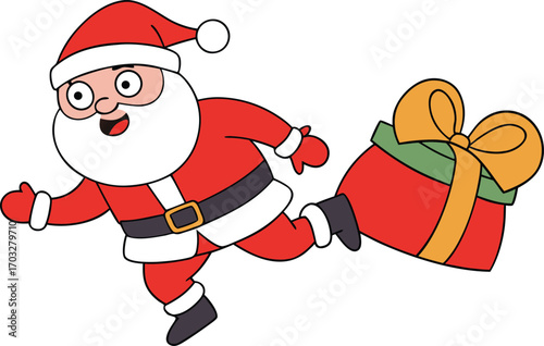 Humorous santa claus chasing a runaway christmas gift in a funny cartoon scene vector