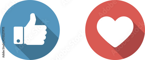 White Thumbs Up Icon in Blue Circle and White Heart Icon in Red Circle Keywords: thumbs up, like, approval, agreement, positive