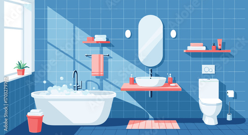 Bright modern bathroom interior design featuring a soaking tub and vanity area