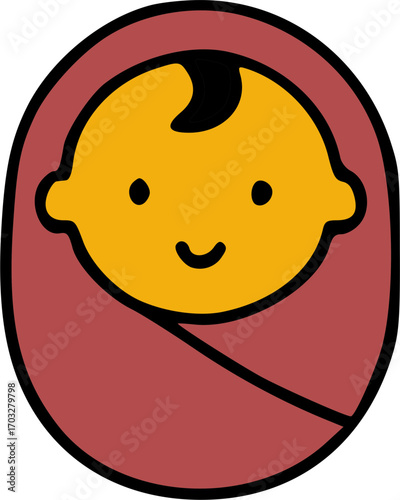 Cute cartoon illustration of a baby swaddled in a reddish-brown blanket.