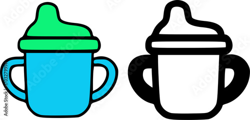 Two baby sippy cups, one colored and the other in black and white, side by side.