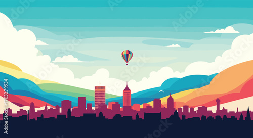 Vibrant cityscape under a colorful rainbow sky with a hot air balloon ascending