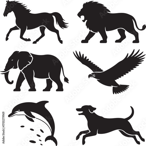 Collection of six animal silhouettes on a white background horse lion