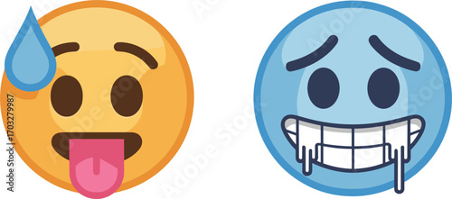 Yellow sweating emoji with tongue out and blue drooling emoji on white background emoticon face