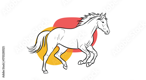 Majestic equine galloping through a field with vibrant circles evoking nature's energy and freedom of movement