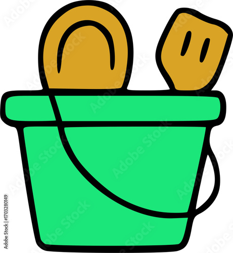 A vibrant green sand bucket filled with a yellow shovel and a sand mold, ready for beach play.