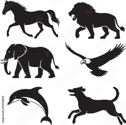 Collection of six animal silhouettes on a white background horse lion