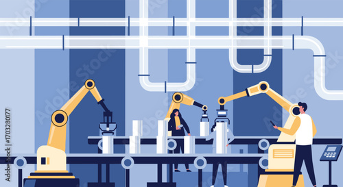 Advanced industrial automation with robotic arms and human operators on a manufacturing assembly line developing new technologies