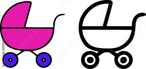 Two baby strollers, one pink, one black and white.