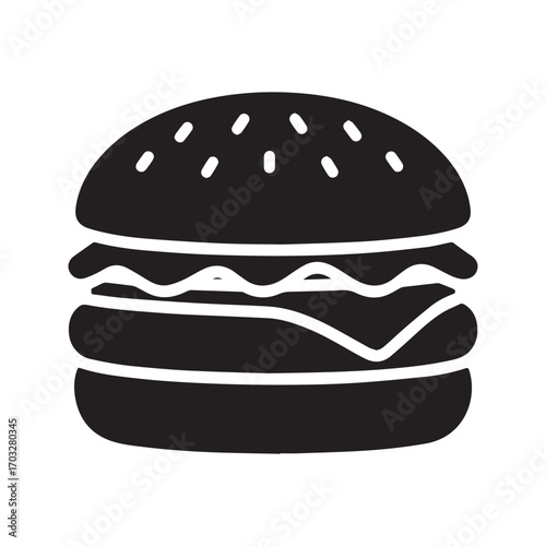 Hamburger icon, black burger silhouette. Fast food glyph symbol for menu design, isolated vector illustration.
