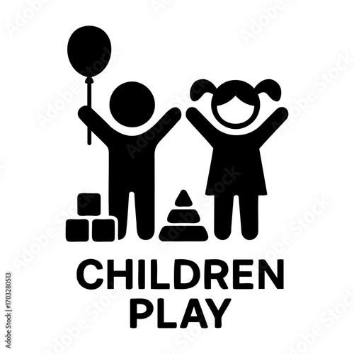 Vector illustration of two children playing with a balloon and building blocks together happily